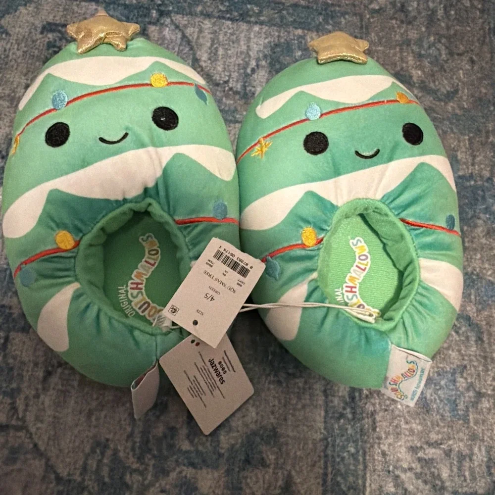Squishmallows Shoes Kids Size 4/5 Green Christmas Tree Plush Cozy House Slippers
